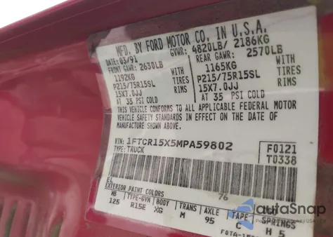 1991 Ford Ranger Super Cab z USA, uszkodzony, nr VIN 1FTCR15X5MPA59802